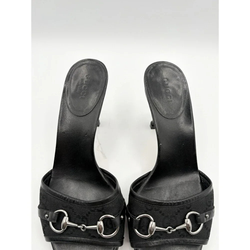 Gucci Black Leather Mules Canvas GG Logo Silver Horsebit Heels Y2K Size EU 35.5